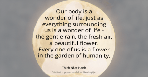Our body is a wonder of life, just as everything surrounding us is a wonder of life - the gentle rain, the fresh air, a beautiful flower. Every one of us is a flower in the garden of humanity. - Thich Nhat Hanh - uit De wereld is mijn thuis