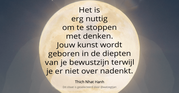 Het is erg nuttig om te stoppen met denken. Jouw kunst wordt geboren in de diepten van je bewustzijn terwijl je er niet over nadenkt. – Thich Nhat Hanh (eigen vertaling uit “Answers from the heart”)