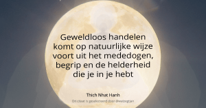 Geweldloos handelen komt op natuurlijke wijze voort uit het mededogen, begrip en de helderheid die je in je hebt. – Thich Nhat Hanh (uit: De wereld is mijn thuis)