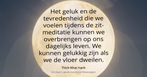 Het geluk en de tevredenheid die we voelen tijdens de zit-meditatie kunnen we overbrengen op ons dagelijks leven. We kunnen gelukkig zijn als we de vloer dweilen. – Thich Nhat Hanh (uit “How to sit”)
