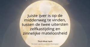 Juiste ijver is op de middenweg te vinden, tussen de twee uitersten zelfkastijding en zinnelijke mateloosheid .– Thich Nhat Hanh (uit “Het hart van Boeddha’s leer”)