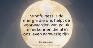 Mindfulness is de energie die ons helpt de voorwaarden van geluk te herkennen die al in ons leven aanwezig zijn. Thich Nhat Hanh (eigen vertaling uit Thich Nhat Hanh on The Practice of Mindfulness”)
