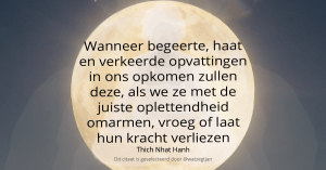 Wanneer begeerte, haat en verkeerde opvattingen in ons opkomen zullen deze, als we ze met de juiste oplettendheid omarmen, vroeg of laat hun kracht verliezen – Thich Nhat Hanh (uit ”Het hart van Boeddha’s leer”)